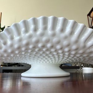 Fenton #3620 MI Stamped Hobnail Milk Glass Banana Fruit Holder Crimped Edge